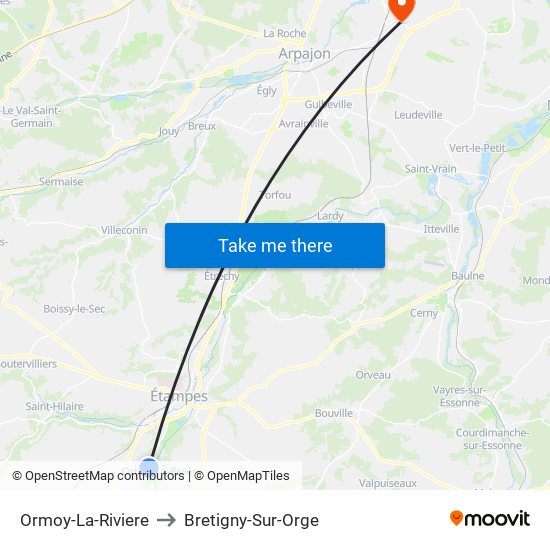 Ormoy-La-Riviere to Bretigny-Sur-Orge map