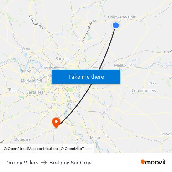 Ormoy-Villers to Bretigny-Sur-Orge map