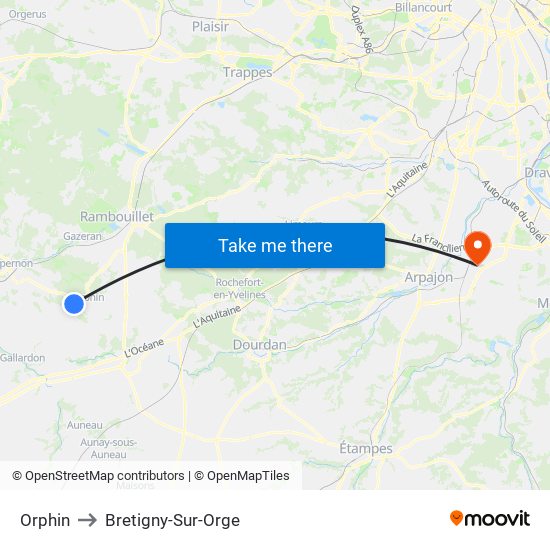 Orphin to Bretigny-Sur-Orge map
