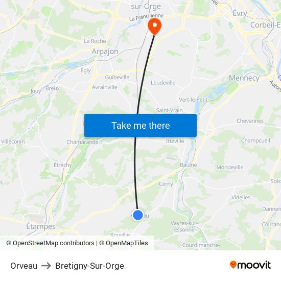 Orveau to Bretigny-Sur-Orge map