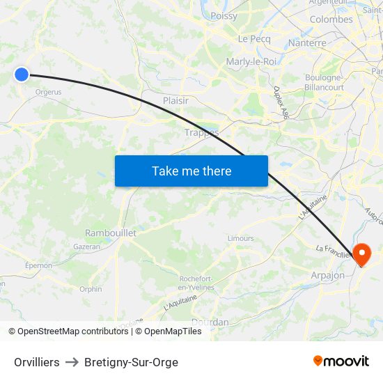 Orvilliers to Bretigny-Sur-Orge map