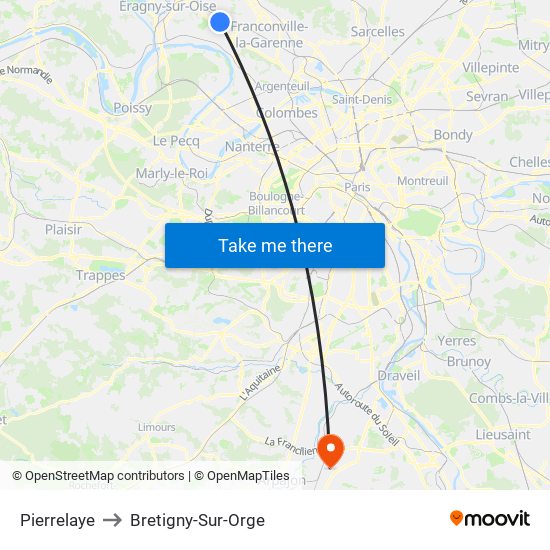 Pierrelaye to Bretigny-Sur-Orge map