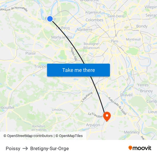 Poissy to Bretigny-Sur-Orge map