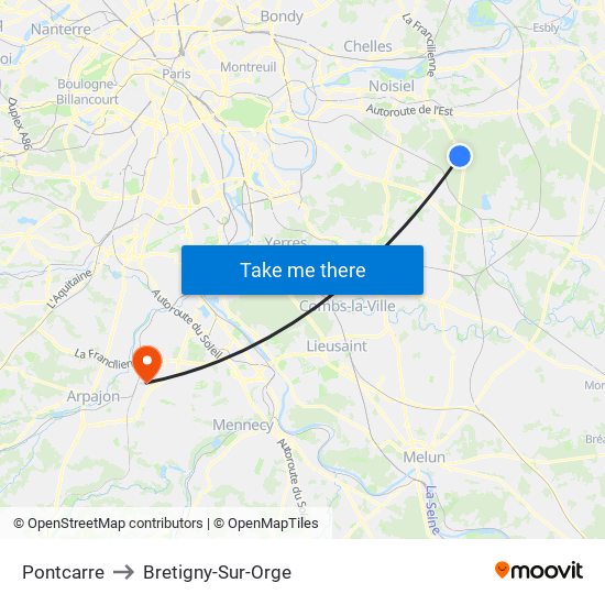 Pontcarre to Bretigny-Sur-Orge map