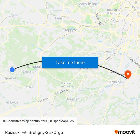 Raizeux to Bretigny-Sur-Orge map
