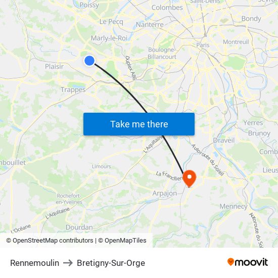 Rennemoulin to Bretigny-Sur-Orge map