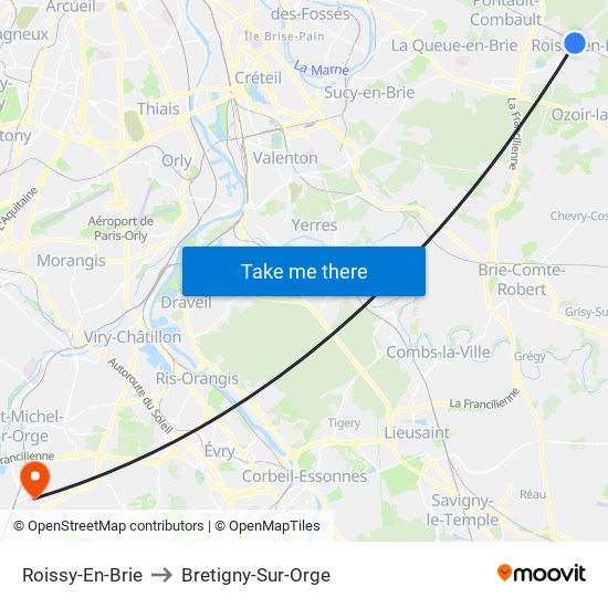 Roissy-En-Brie to Bretigny-Sur-Orge map