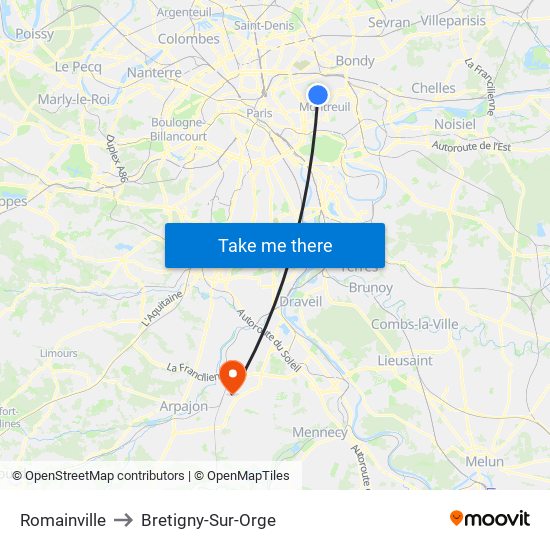 Romainville to Bretigny-Sur-Orge map