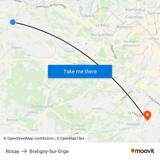 Rosay to Bretigny-Sur-Orge map