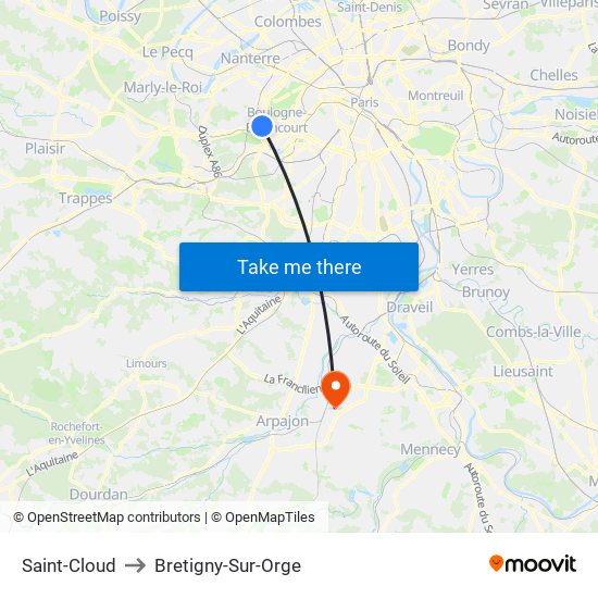 Saint-Cloud to Bretigny-Sur-Orge map