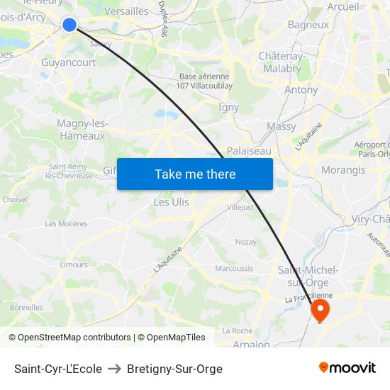 Saint-Cyr-L'Ecole to Bretigny-Sur-Orge map