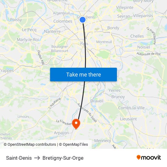 Saint-Denis to Bretigny-Sur-Orge map