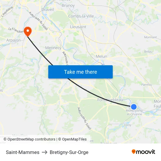 Saint-Mammes to Bretigny-Sur-Orge map