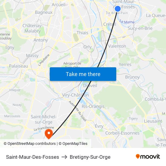 Saint-Maur-Des-Fosses to Bretigny-Sur-Orge map