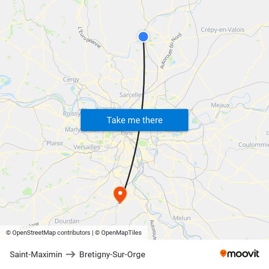 Saint-Maximin to Bretigny-Sur-Orge map