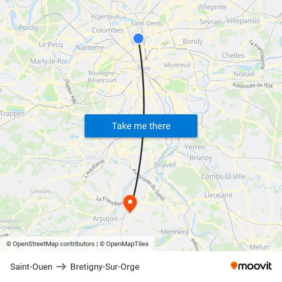 Saint-Ouen to Bretigny-Sur-Orge map