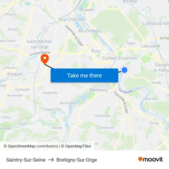 Saintry-Sur-Seine to Bretigny-Sur-Orge map