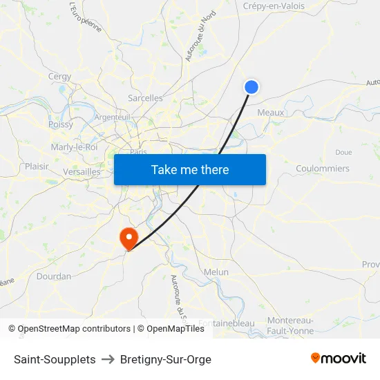 Saint-Soupplets to Bretigny-Sur-Orge map