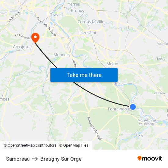 Samoreau to Bretigny-Sur-Orge map