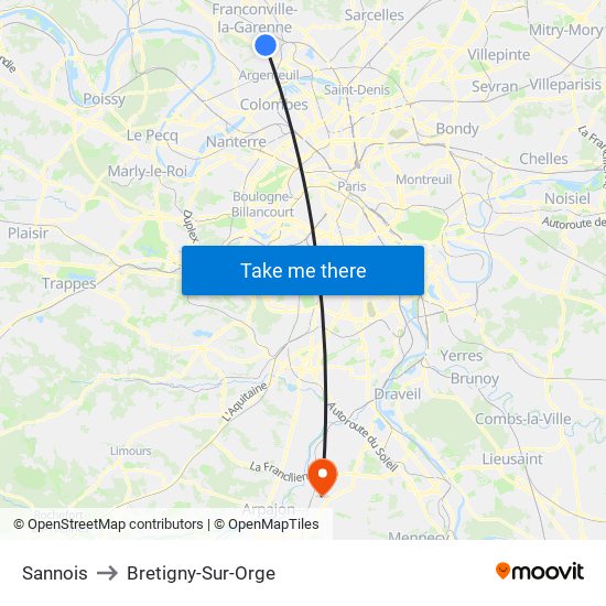Sannois to Bretigny-Sur-Orge map
