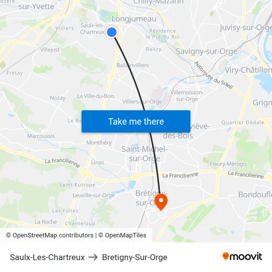 Saulx-Les-Chartreux to Bretigny-Sur-Orge map