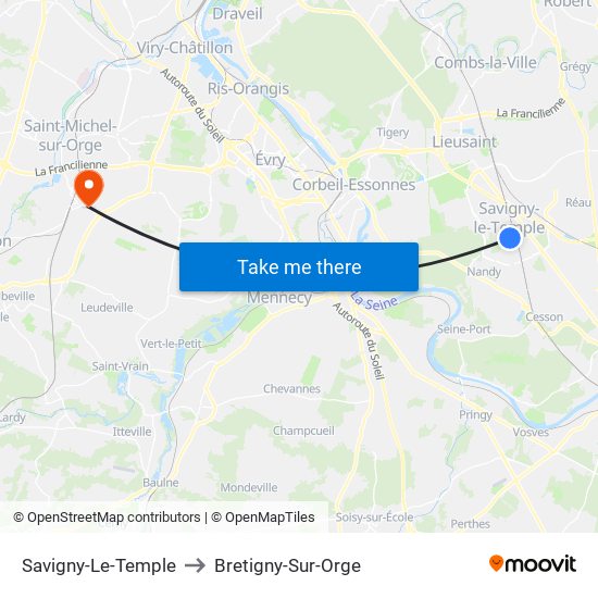 Savigny-Le-Temple to Bretigny-Sur-Orge map