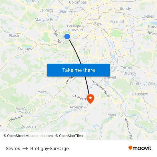 Sevres to Bretigny-Sur-Orge map