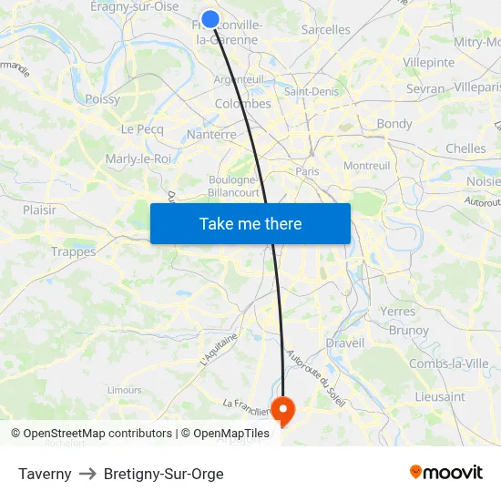 Taverny to Bretigny-Sur-Orge map