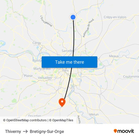 Thiverny to Bretigny-Sur-Orge map