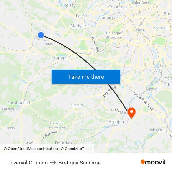 Thiverval-Grignon to Bretigny-Sur-Orge map