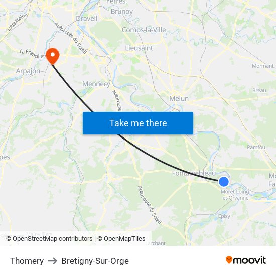 Thomery to Bretigny-Sur-Orge map