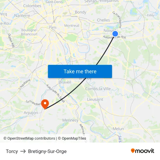Torcy to Bretigny-Sur-Orge map