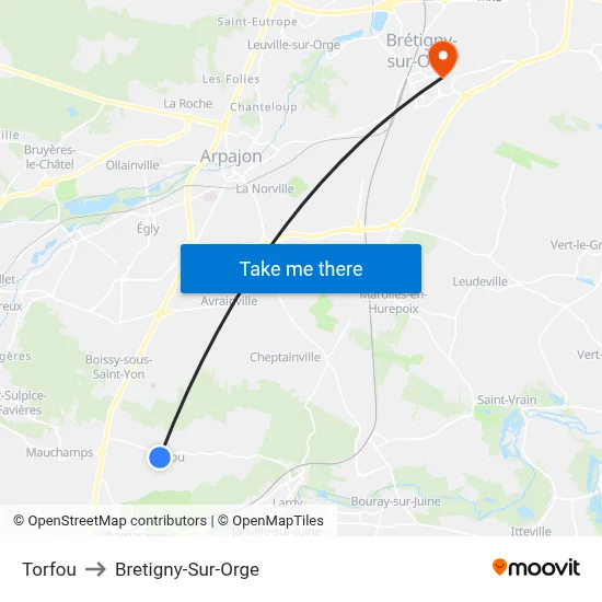Torfou to Bretigny-Sur-Orge map