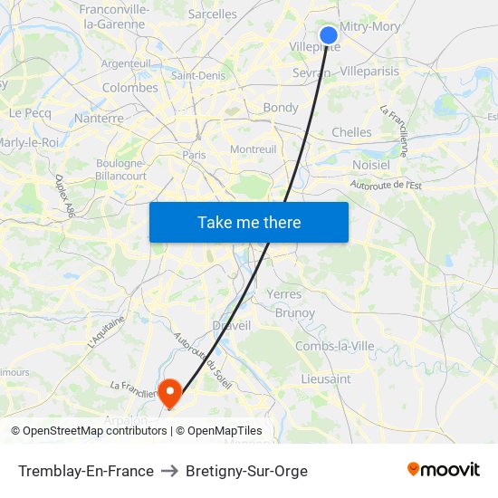 Tremblay-En-France to Bretigny-Sur-Orge map