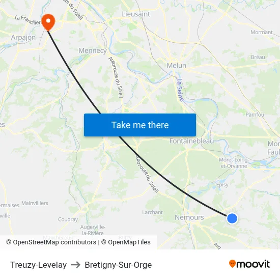 Treuzy-Levelay to Bretigny-Sur-Orge map