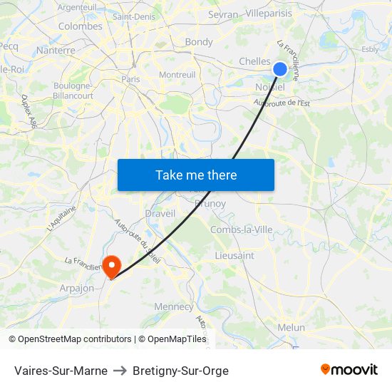 Vaires-Sur-Marne to Bretigny-Sur-Orge map