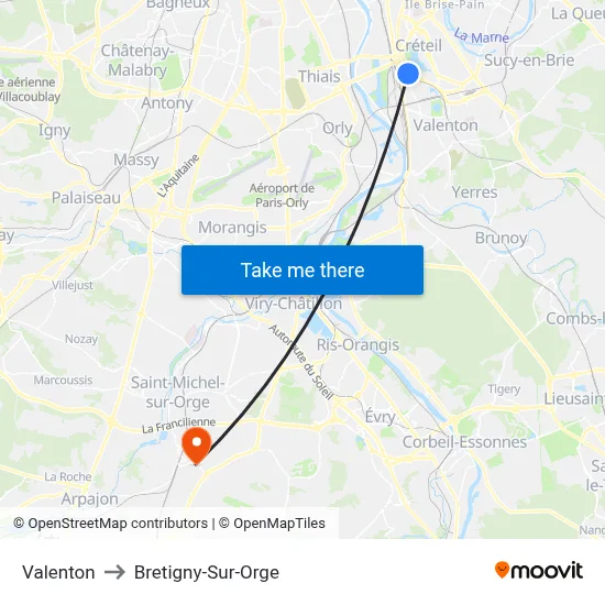 Valenton to Bretigny-Sur-Orge map