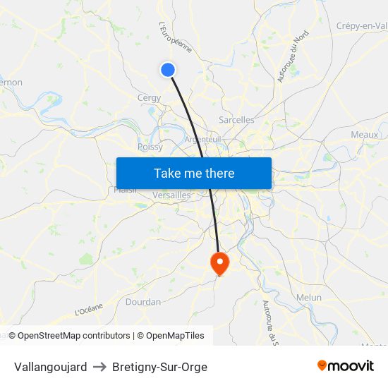 Vallangoujard to Bretigny-Sur-Orge map