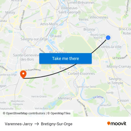 Varennes-Jarcy to Bretigny-Sur-Orge map