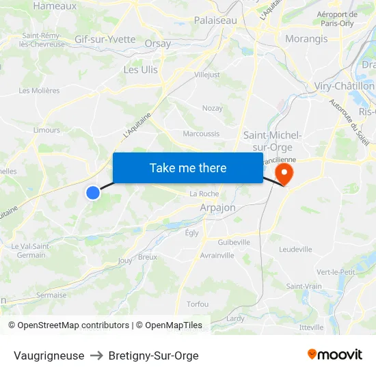 Vaugrigneuse to Bretigny-Sur-Orge map