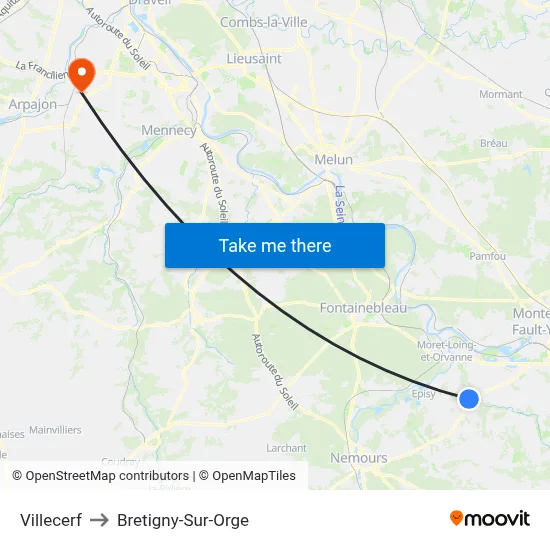Villecerf to Bretigny-Sur-Orge map