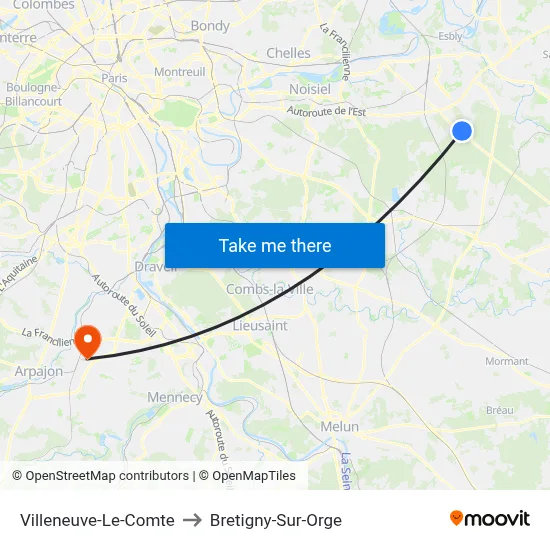 Villeneuve-Le-Comte to Bretigny-Sur-Orge map