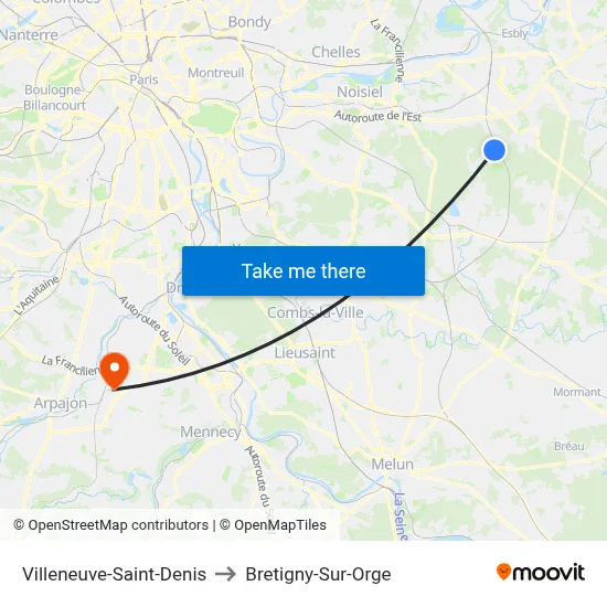 Villeneuve-Saint-Denis to Bretigny-Sur-Orge map
