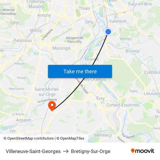 Villeneuve-Saint-Georges to Bretigny-Sur-Orge map