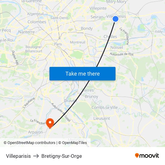 Villeparisis to Bretigny-Sur-Orge map