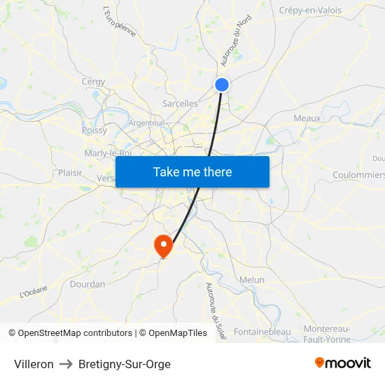 Villeron to Bretigny-Sur-Orge map
