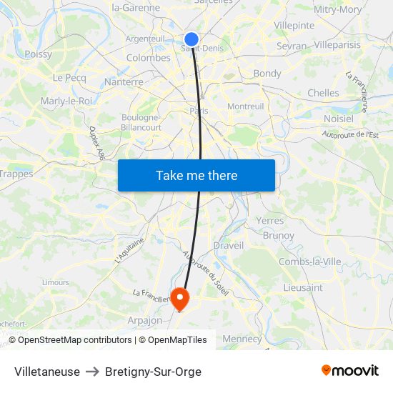 Villetaneuse to Bretigny-Sur-Orge map