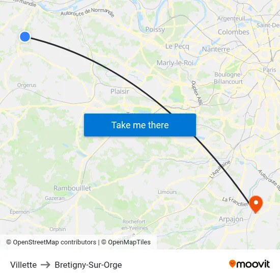 Villette to Bretigny-Sur-Orge map