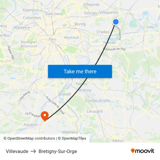 Villevaude to Bretigny-Sur-Orge map