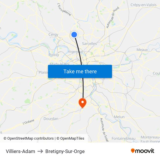 Villiers-Adam to Bretigny-Sur-Orge map